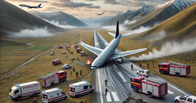 A scene of a passenger jet that has skidded off