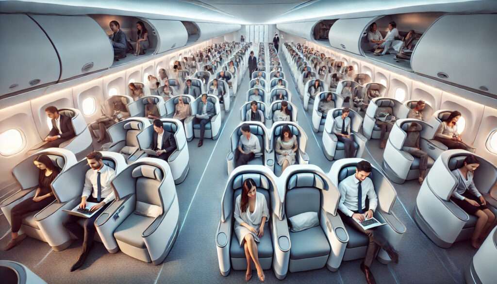 eat Utilization with Innovative Seat Design and Allocation - Passengers in even Overhead Compartments (generated by DALL-E)