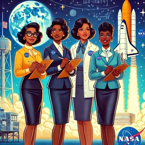 four Black women scientists from the 1960s standing in front of a NASA space rocket. They are dressed in pro